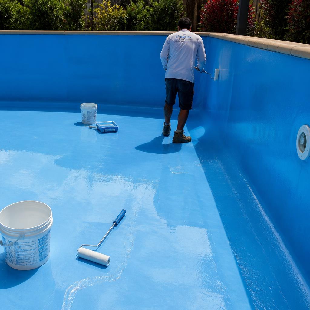 Fibreglass relining being applied inside a pool
