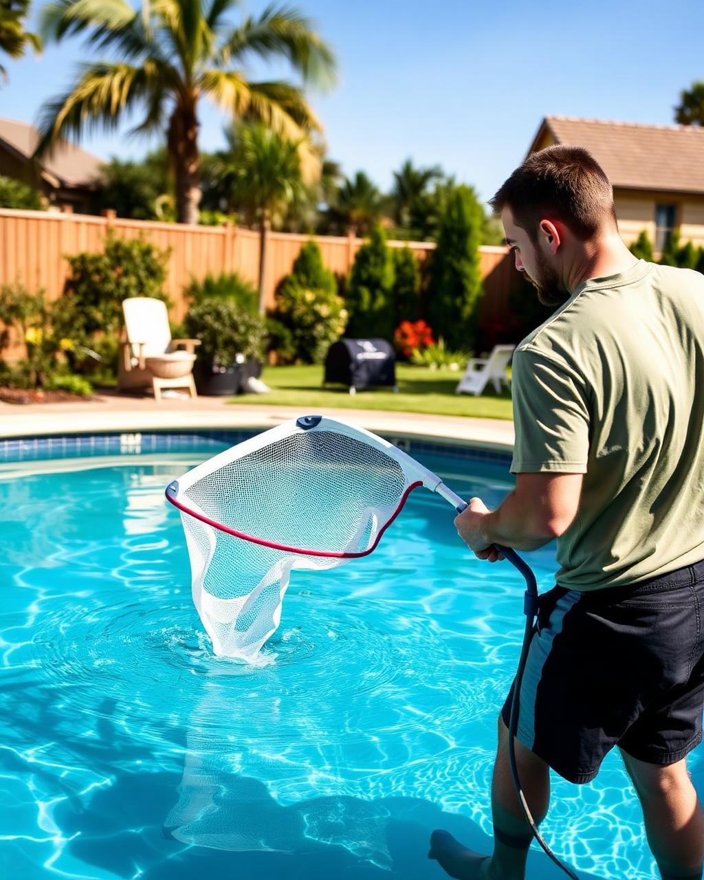 Technician cleaning a crystal clear pool