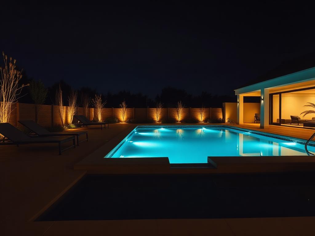 Backyard pool glowing with underwater lighting at night